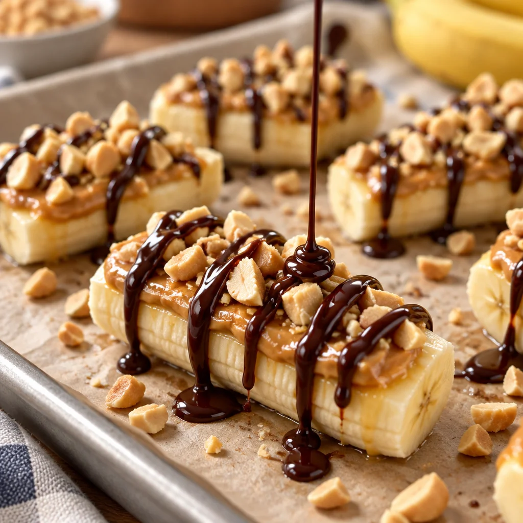 Frozen chocolate peanut butter banana bites on a plate, an easy healthy snack.