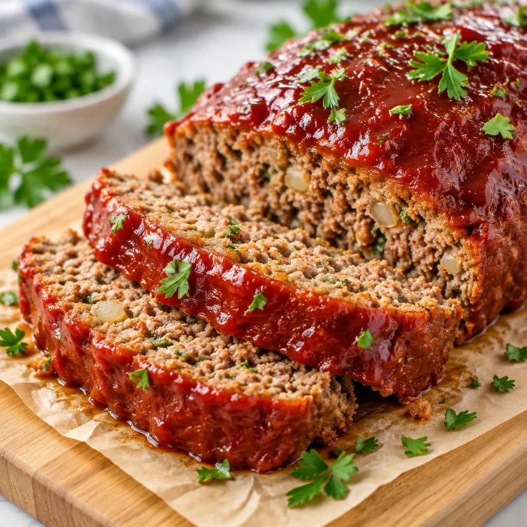 A deliciously juicy meatloaf ready to be served with mashed potatoes and veggies.