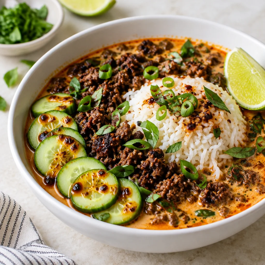 Delicious Coconut Thai Curry Beef Bowls with jasmine rice and fresh vegetables
