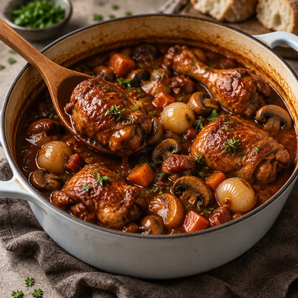 Delicious Coq au Vin featuring tender chicken in a rich red wine sauce with bacon.
