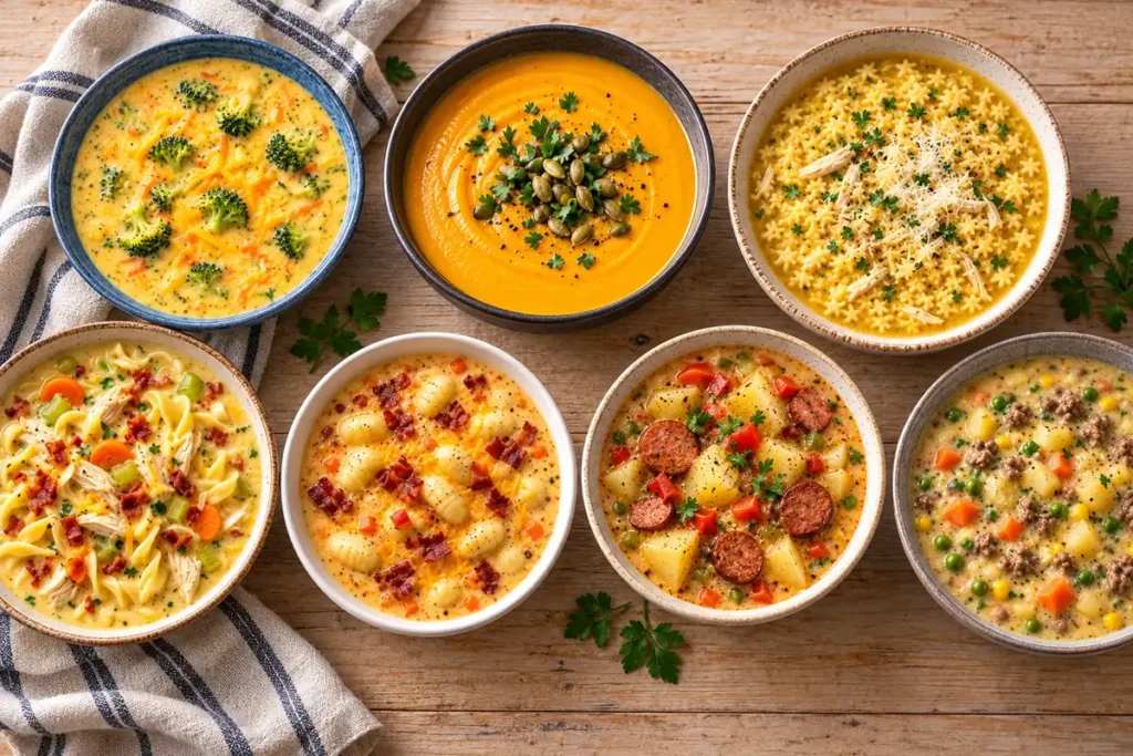 Seven cozy soups featuring broccoli cheddar, roasted squash, pastina, chicken noodle, bacon gnocchi, Cajun potato, and shepherd’s pie soup.