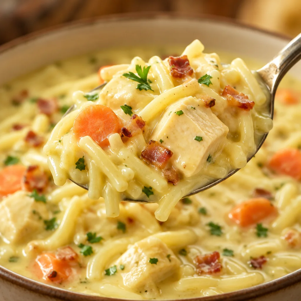 Bowl of creamy Crack Chicken Noodle Soup with bacon, chicken, and noodles.