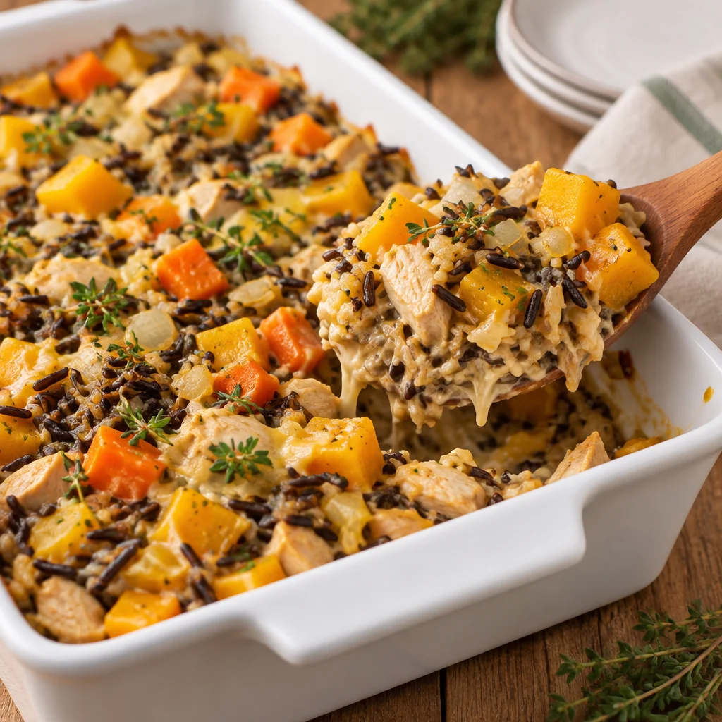 Butternut squash chicken and rice casserole topped with cranberries and parmesan.
