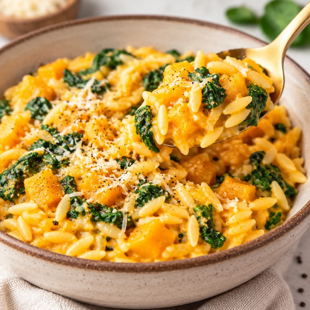 Creamy butternut squash orzo with kale and Parmesan cheese in a bowl.