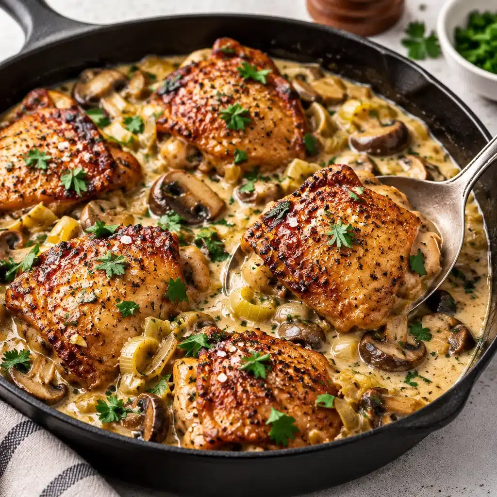 Creamy chicken and leeks dish with tender chicken and sautéed leeks in a rich sauce.