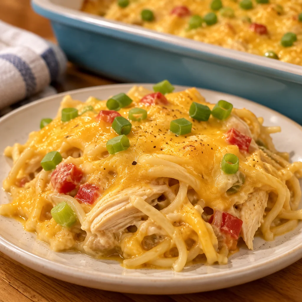 Creamy chicken spaghetti with Rotel, Velveeta, and zesty flavors baked to perfection.