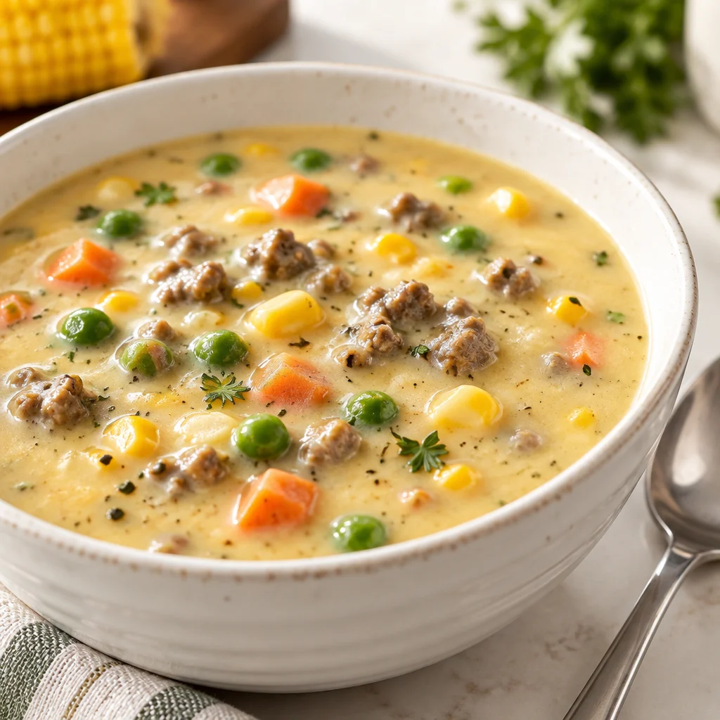 A hearty bowl of creamy Shepherd's Pie Soup with beef, vegetables, and mashed potatoes.