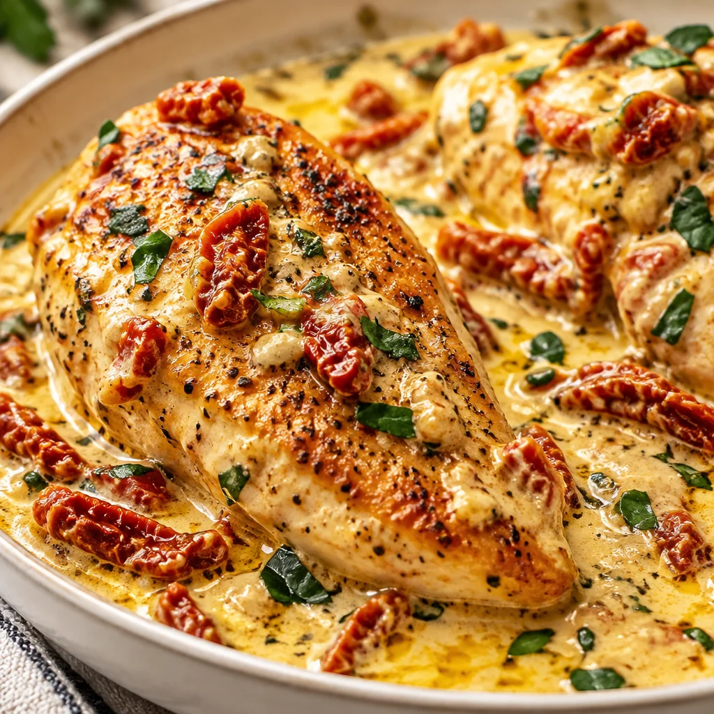 Crock Pot Marry Me Chicken with creamy sun-dried tomato sauce in a slow cooker.