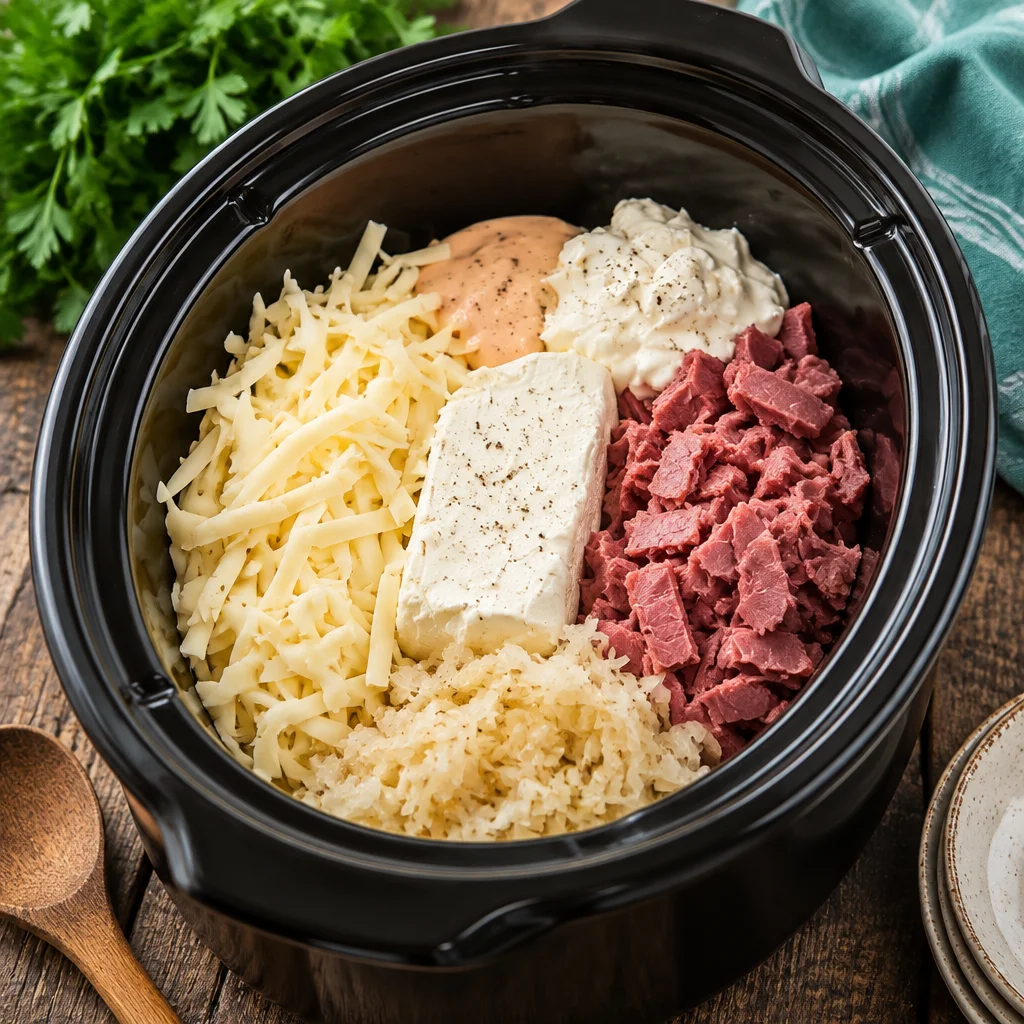 Crockpot Reuben dip with corned beef, sauerkraut, and melted cheese in a slow cooker.