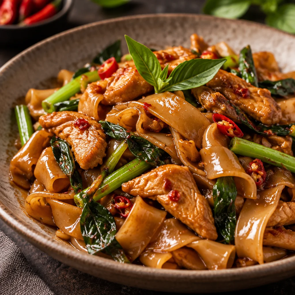 Delicious plate of Thai drunken noodles featuring chilies and fresh Thai basil.