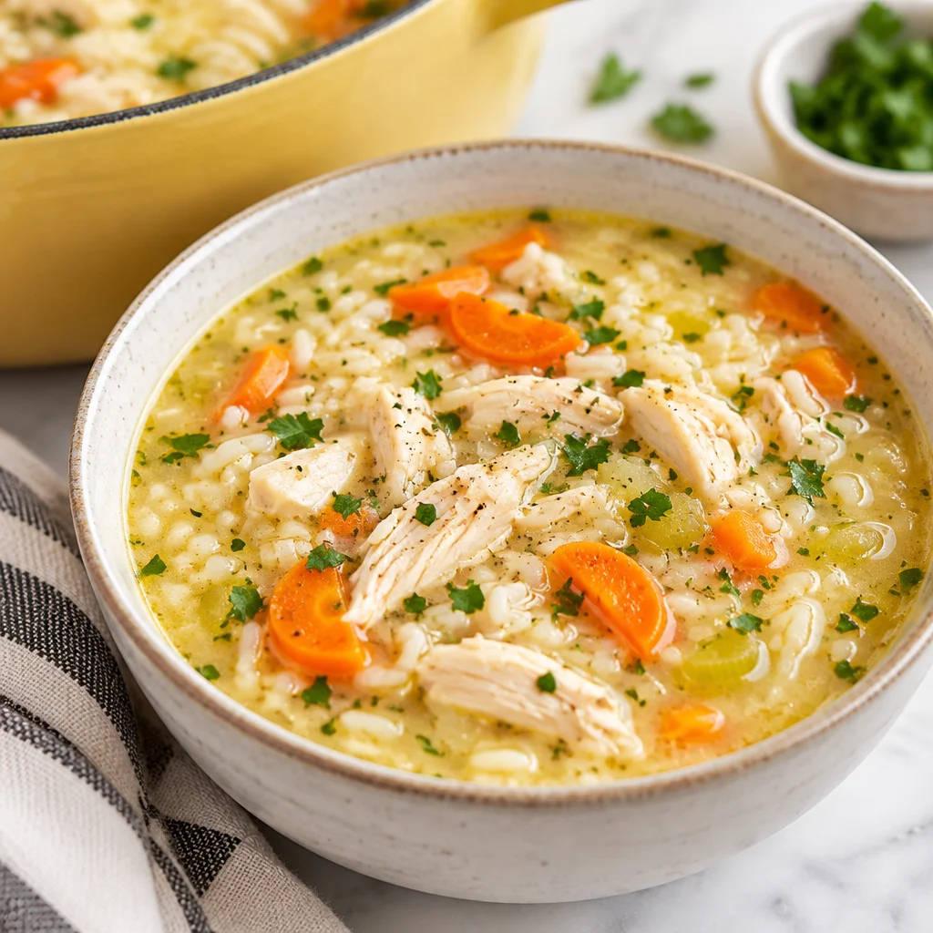 Bowl of homemade chicken and rice soup with savory broth and vegetables.