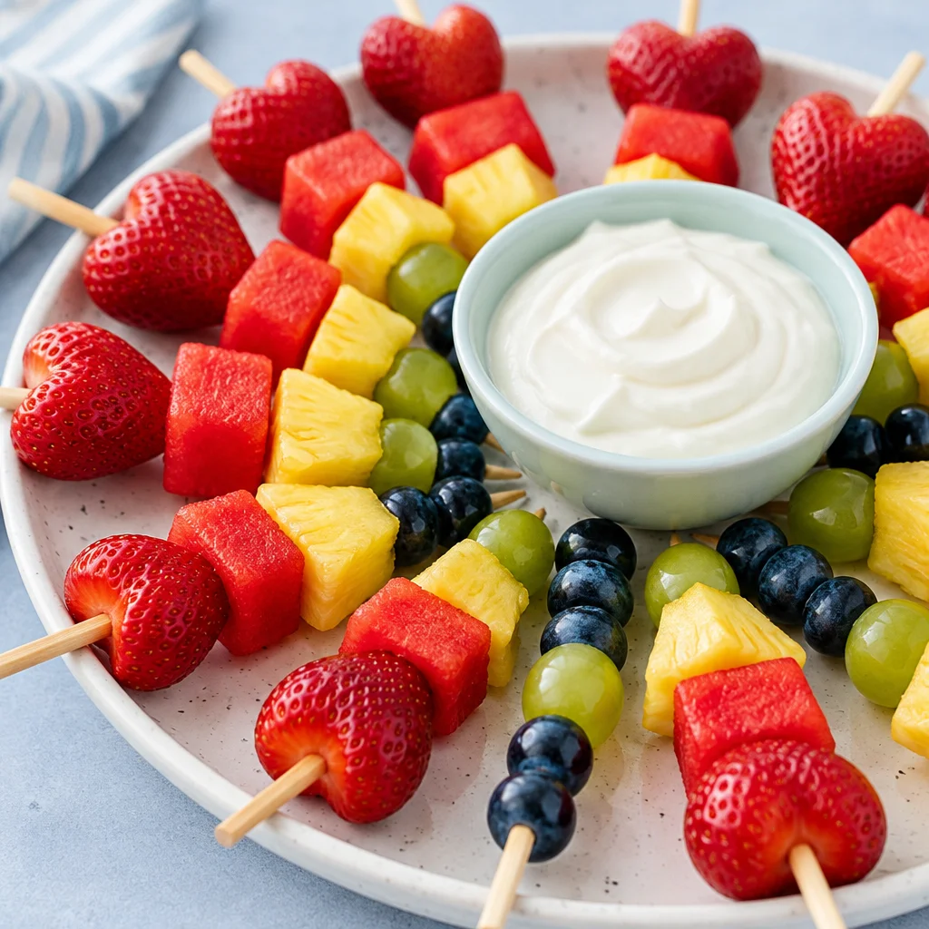Colorful fruit skewers with fresh seasonal fruits for a healthy snack.