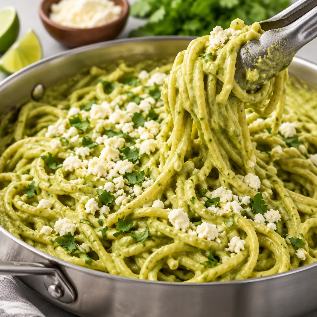 A bowl of creamy espagueti verde topped with cilantro and queso fresco.