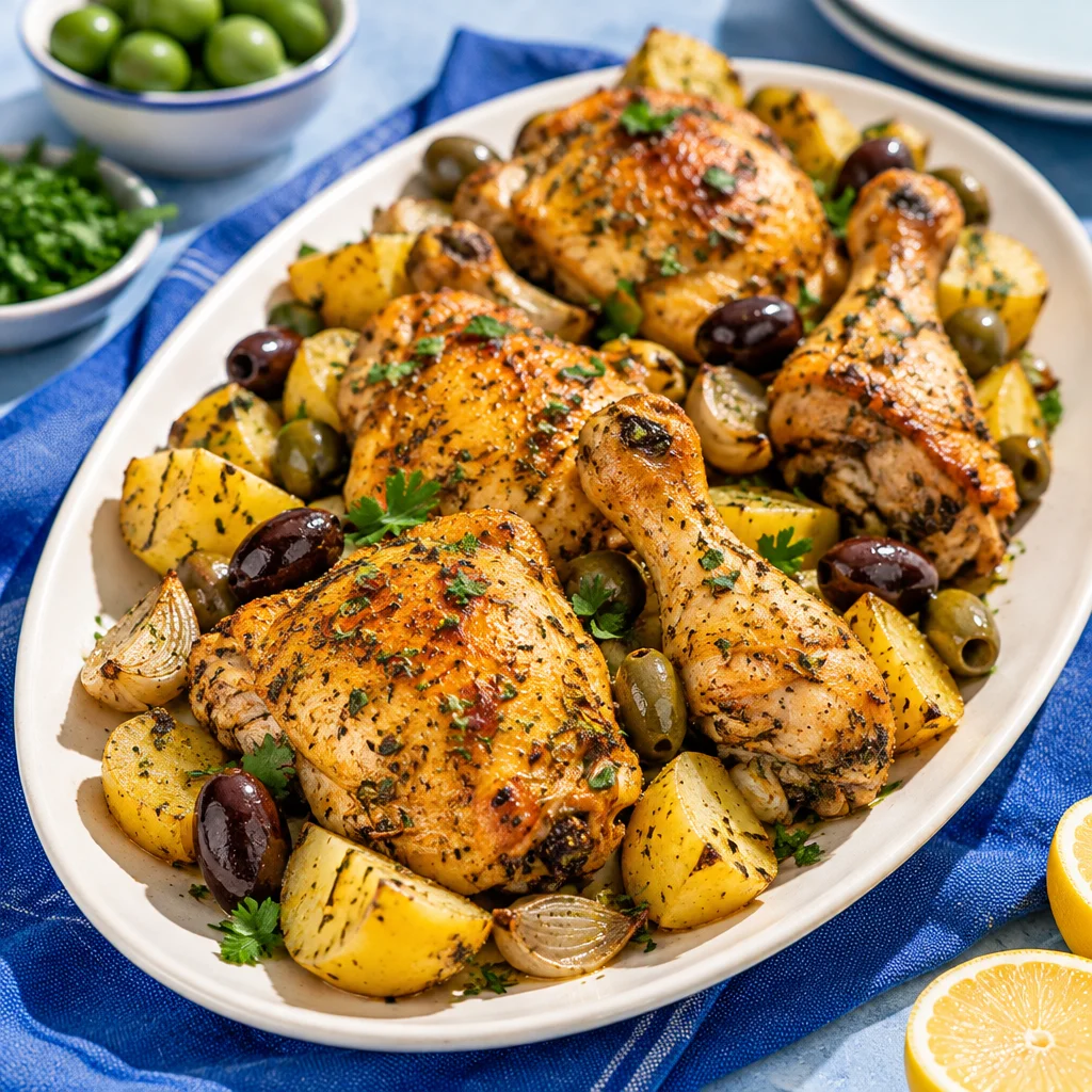 Delicious French-style chicken and potato skillet bake ready to serve.