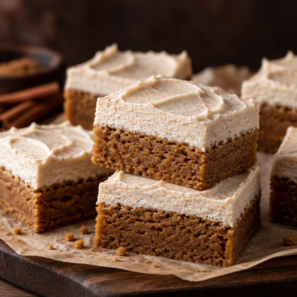 Frosted gingerbread brownies topped with creamy frosting, perfect for the holiday season.