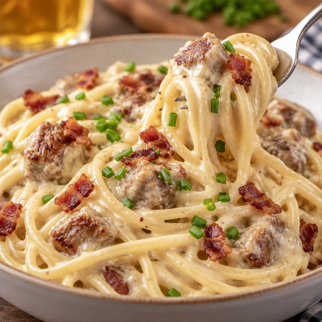 A plate of delicious German spaghetti topped with creamy sauce and garnished.