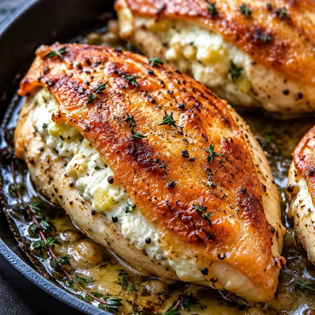 Juicy goat cheese stuffed chicken breast with herbs and roasted tomatoes on a plate.