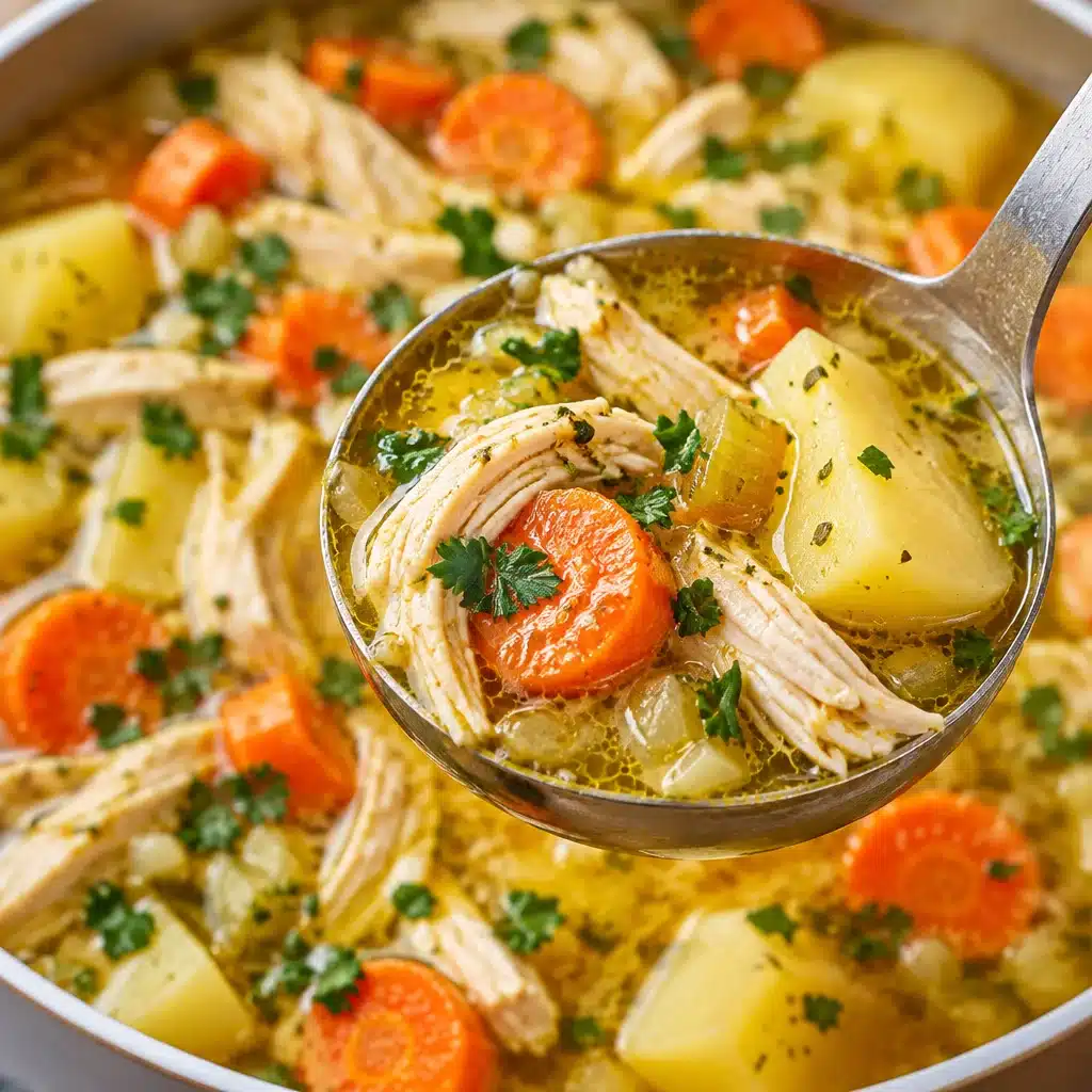 Delicious chicken stew simmered with vegetables in a savory broth.