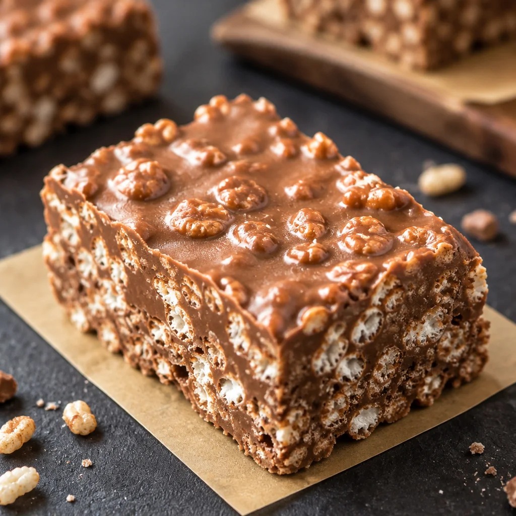 Homemade crunch bars made with chocolate, peanut butter, and rice cereal.