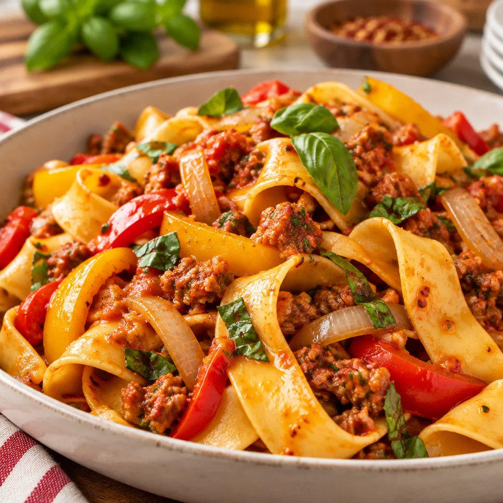 A plate of Italian drunken noodles with spicy sausage, peppers, and wine sauce.