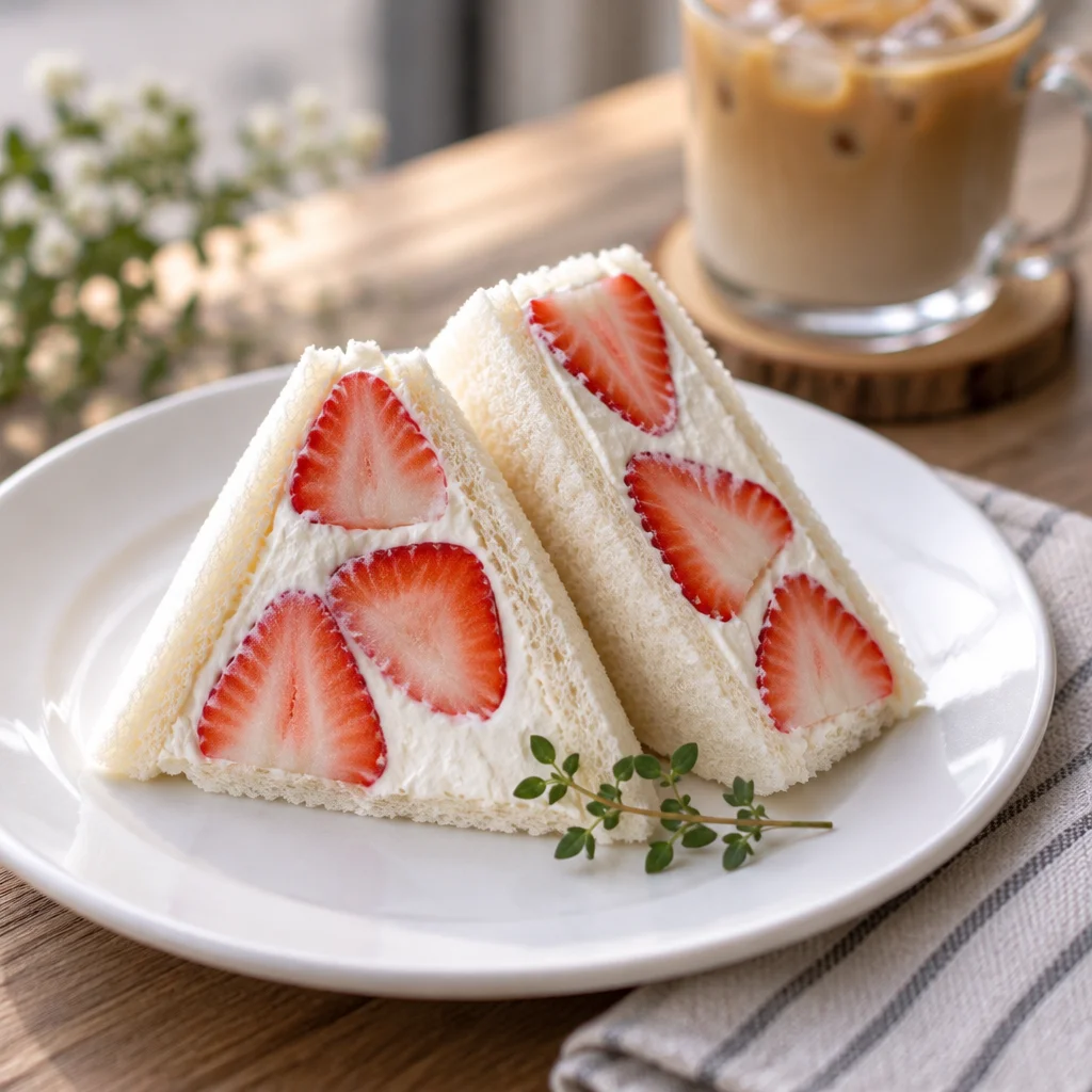 Delicious strawberry sando made with fluffy milk bread and fresh strawberries.