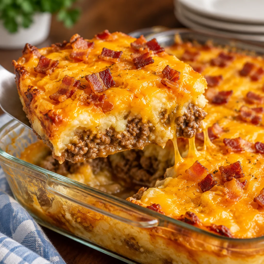 Delicious loaded meatloaf casserole with mashed potatoes and melted cheese.