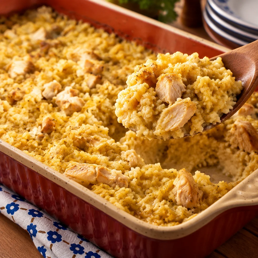 Mamaw's Chicken and Rice Casserole served in a cozy dish, perfect for family dinners.