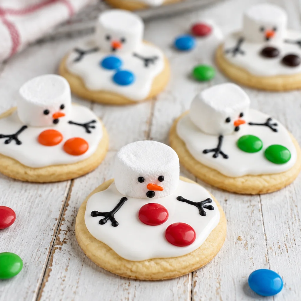 Decorated melted snowman cookies with marshmallows and icing on a festive plate.