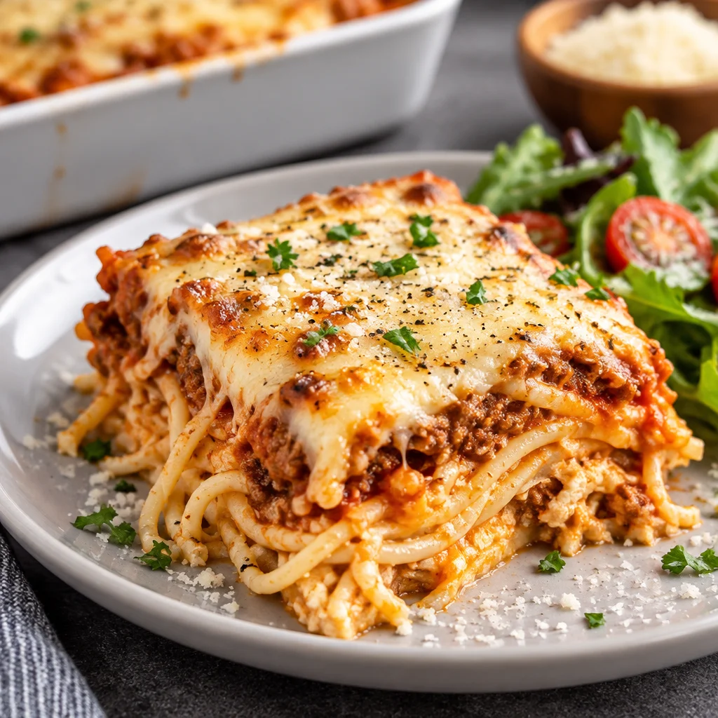Baked Million Dollar Spaghetti casserole with layers of noodles, beef sauce, and cheese.