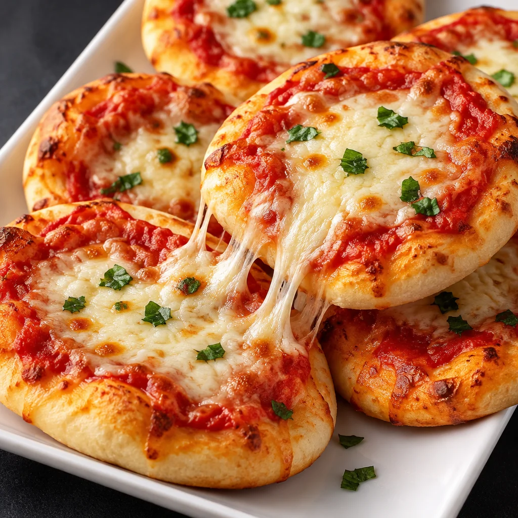A variety of mini pizzas on a wooden table, showcasing unique toppings and homemade crust.