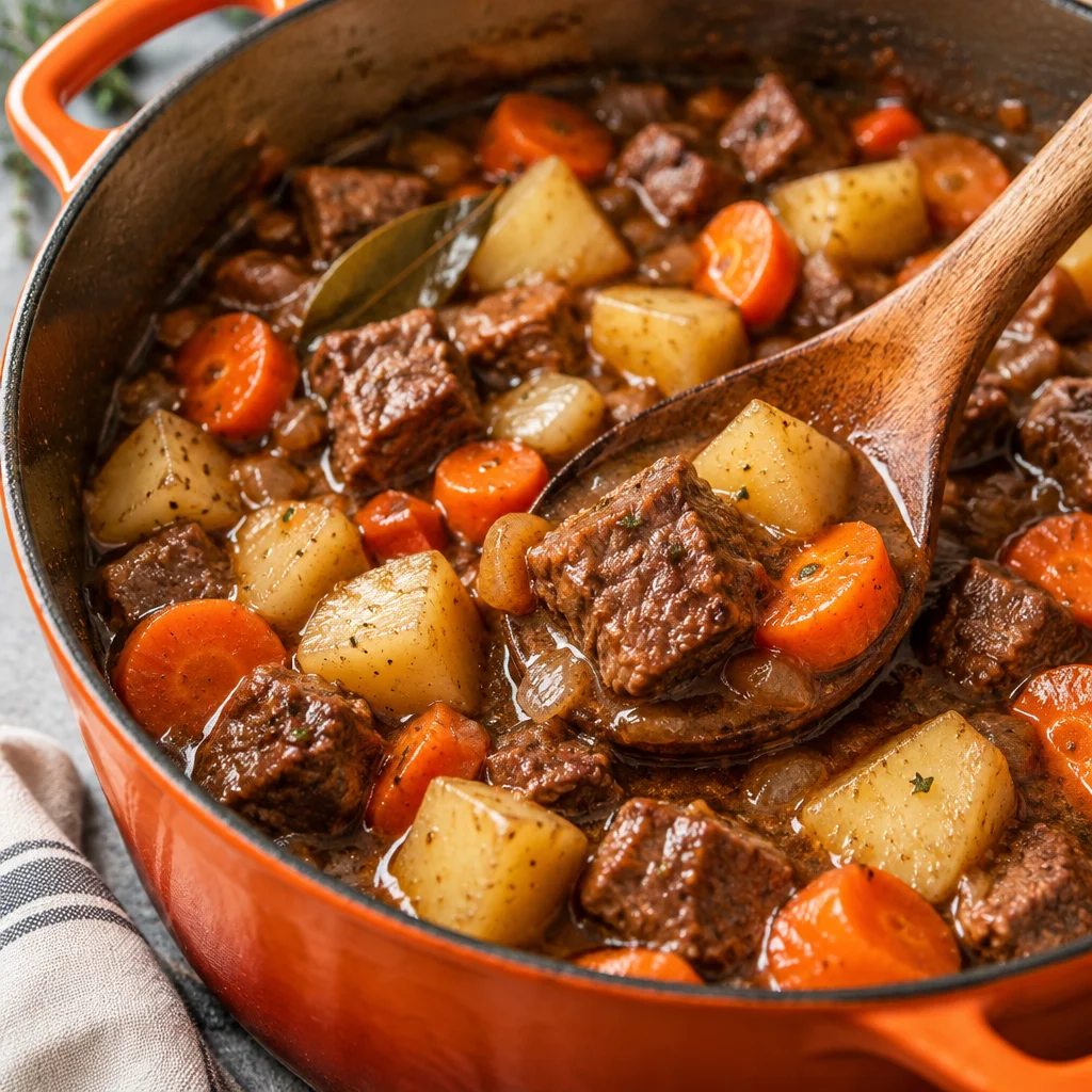 Bowl of hearty old fashioned beef stew with vegetables and tender beef chunks.