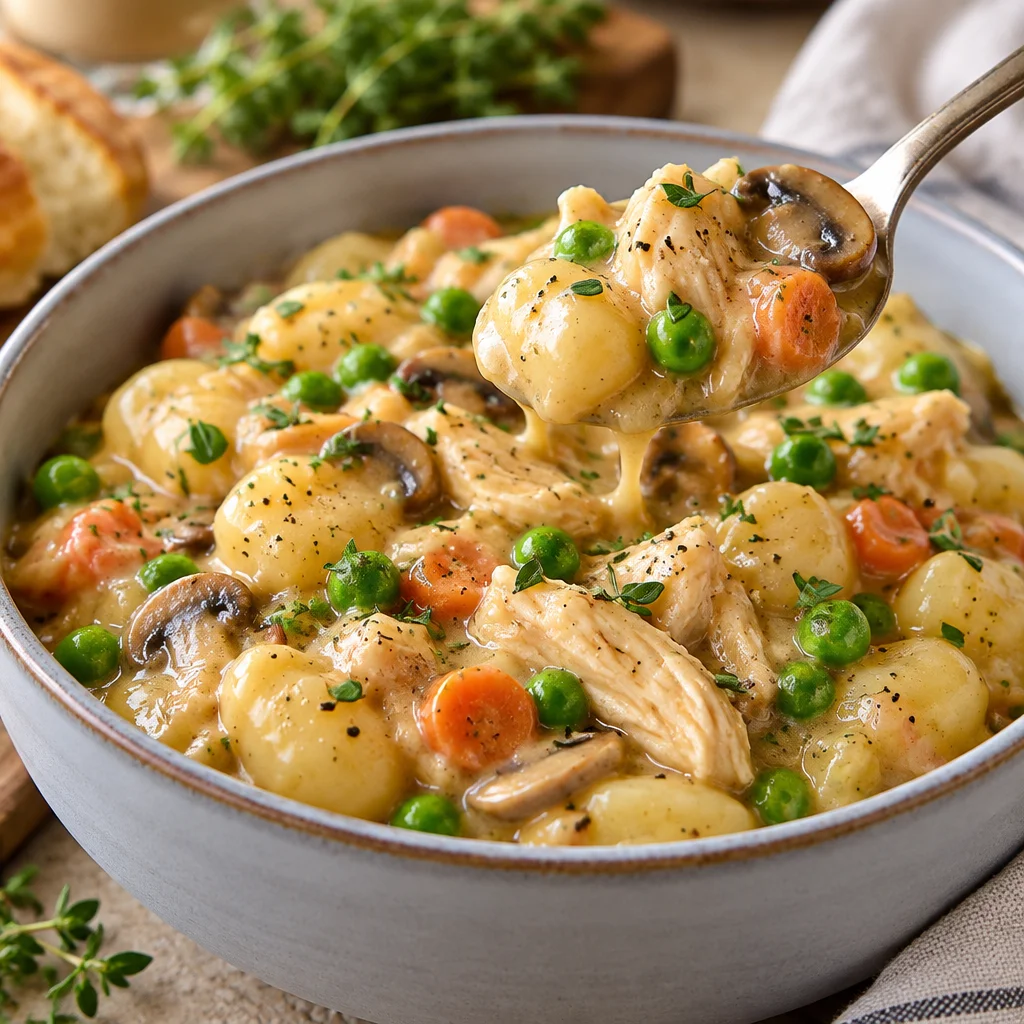 One Pot Gnocchi Chicken Pot Pie with creamy sauce, chicken, and vegetables