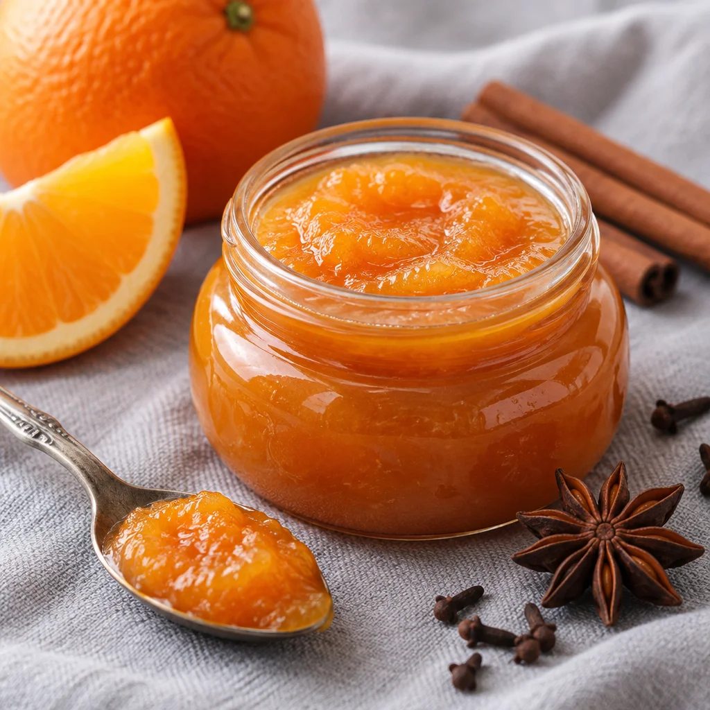 Delicious homemade orange jam with a burst of citrus flavor made from fresh oranges.