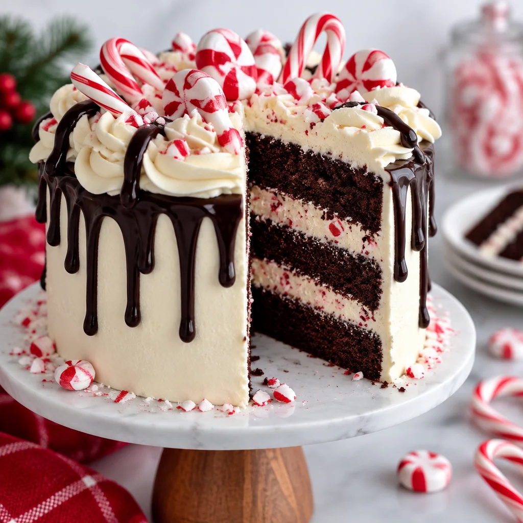 Moist peppermint fudge cake with chocolate layers and peppermint buttercream