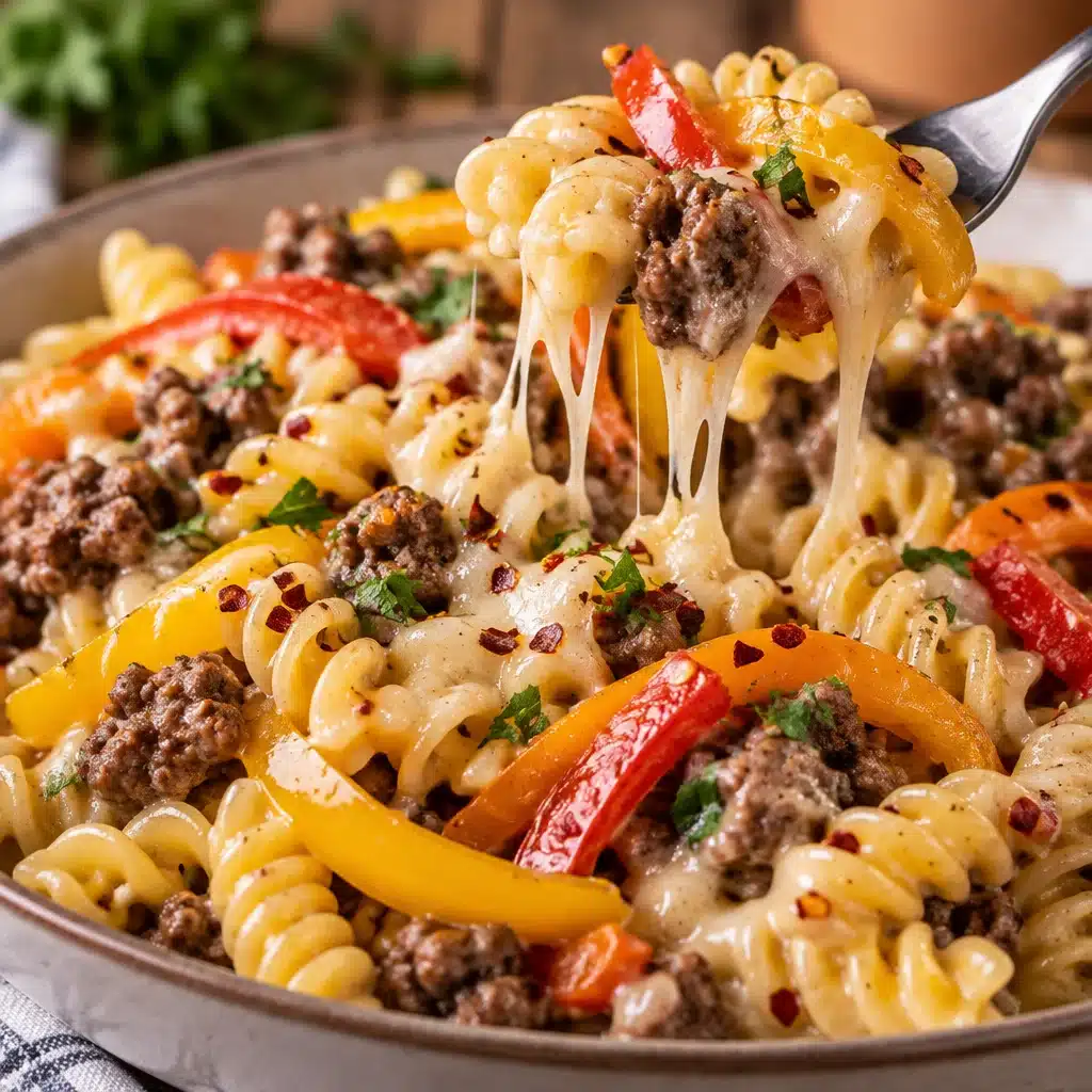 A delicious bowl of Philly cheesesteak pasta with steak, peppers, and creamy cheese sauce.