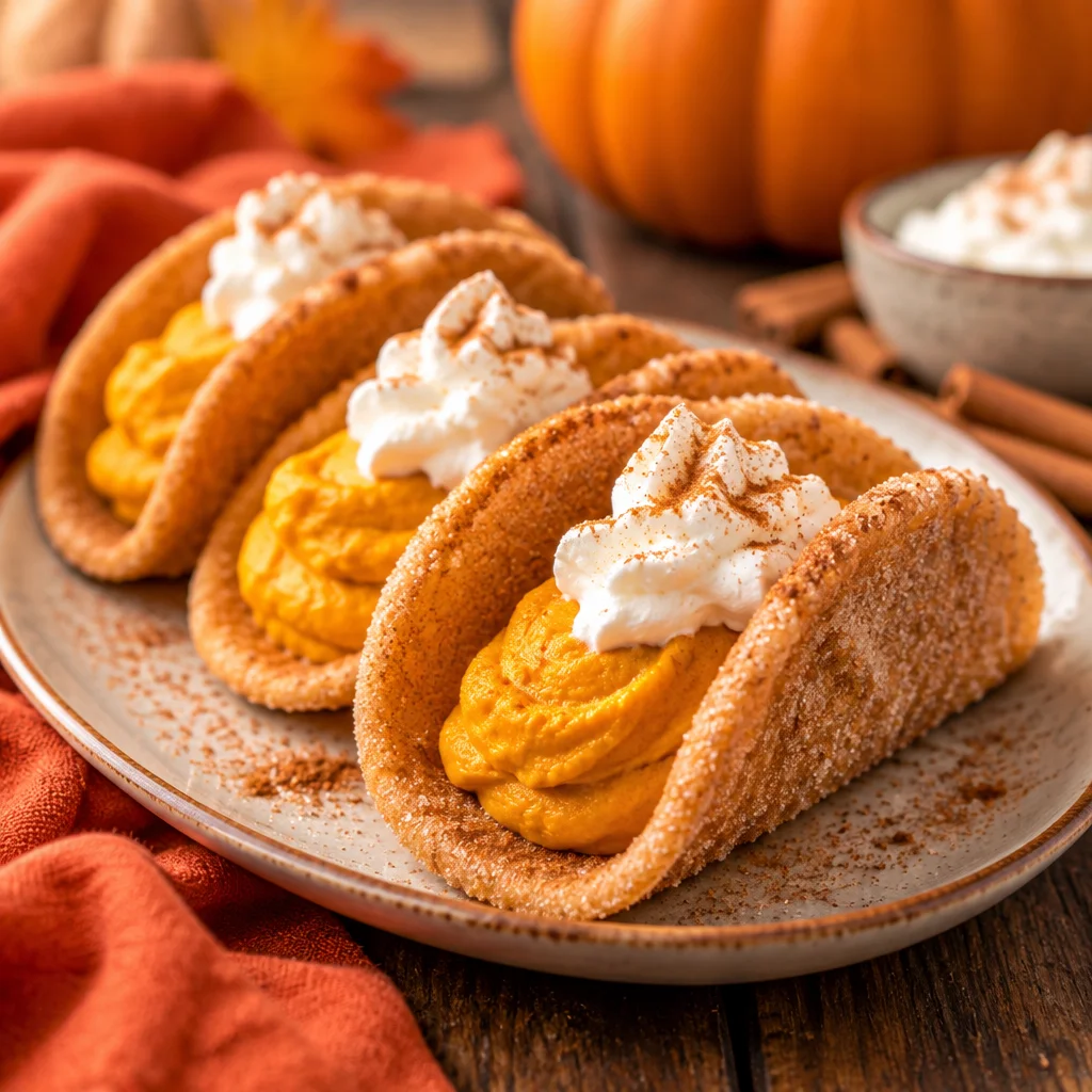 Crispy Pumpkin Pie Tacos filled with creamy spiced pumpkin and topped with whipped cream.