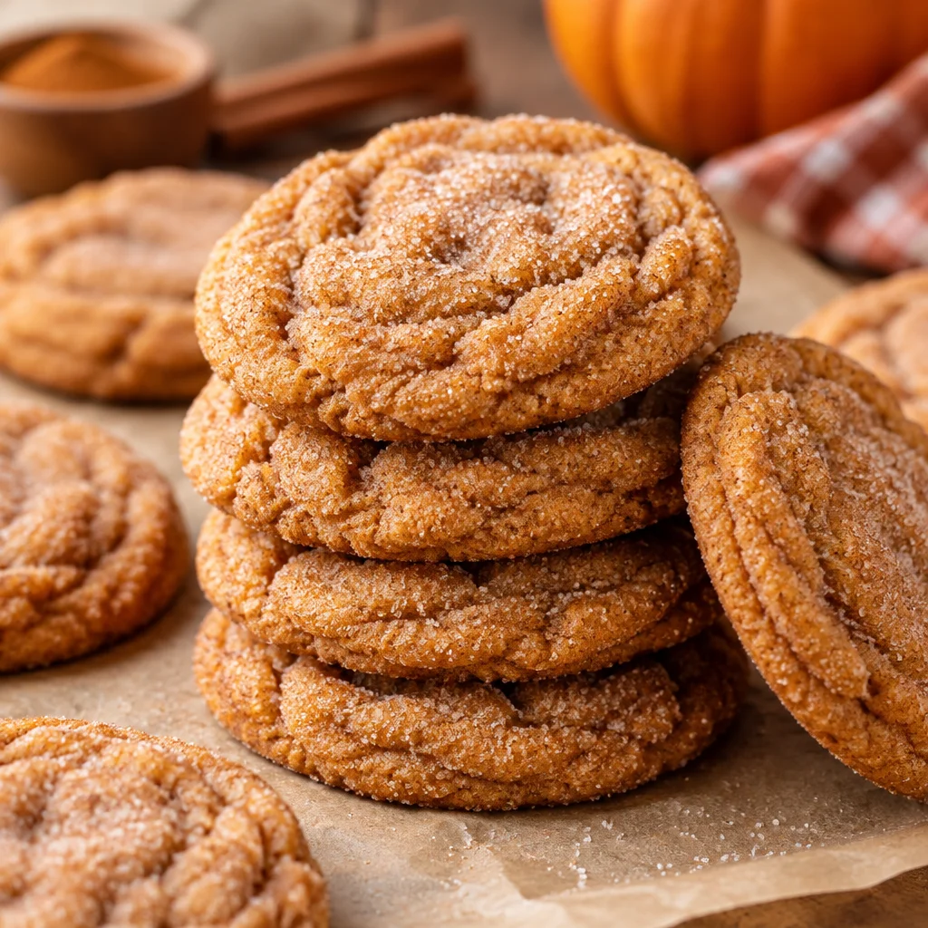 Delicious pumpkin snickerdoodle cookies with cinnamon sugar coated exterior.