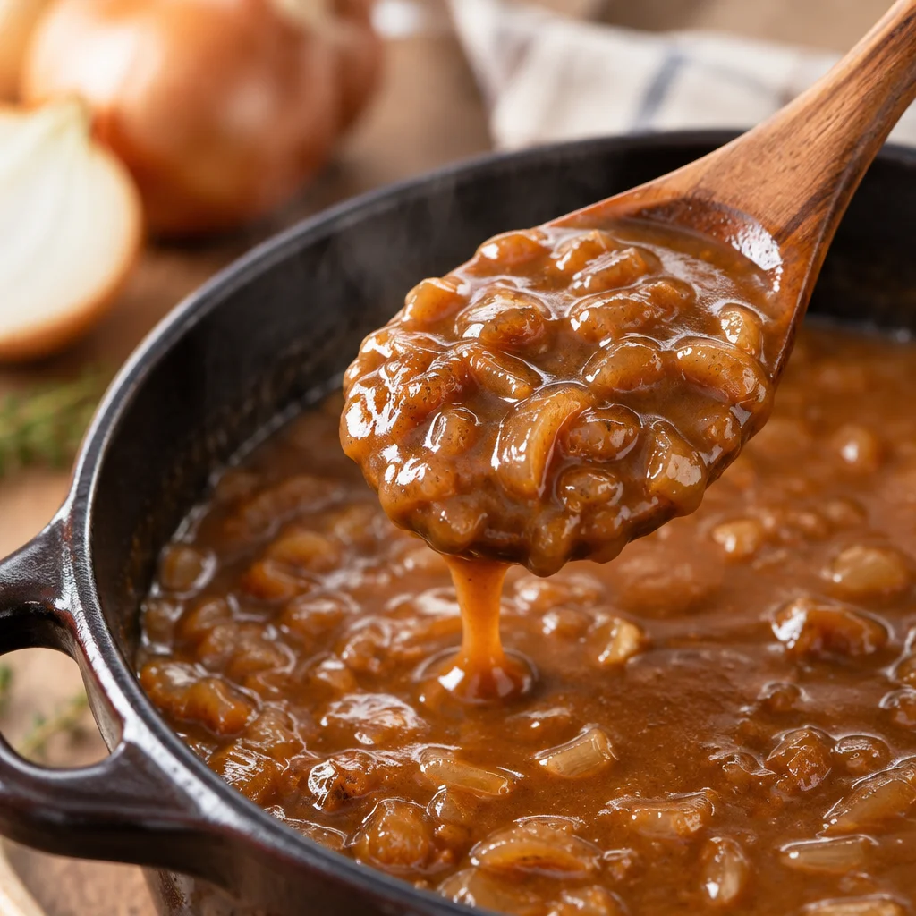 Delicious homemade onion gravy with caramelized onions and rich flavor.