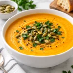 Creamy roasted butternut squash soup garnished with spices and fresh herbs.
