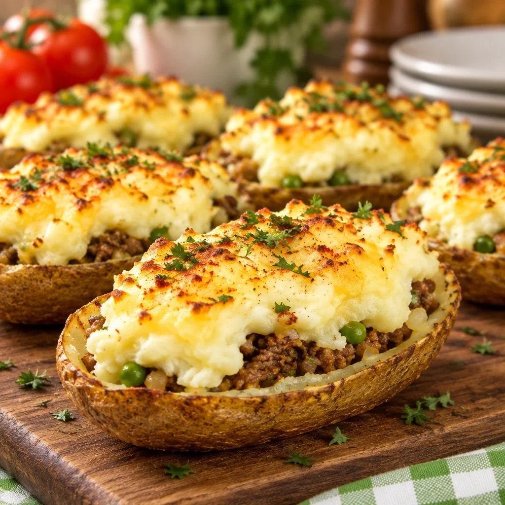Delicious shepherd's pie potato skins stuffed with ground meat and vegetables.