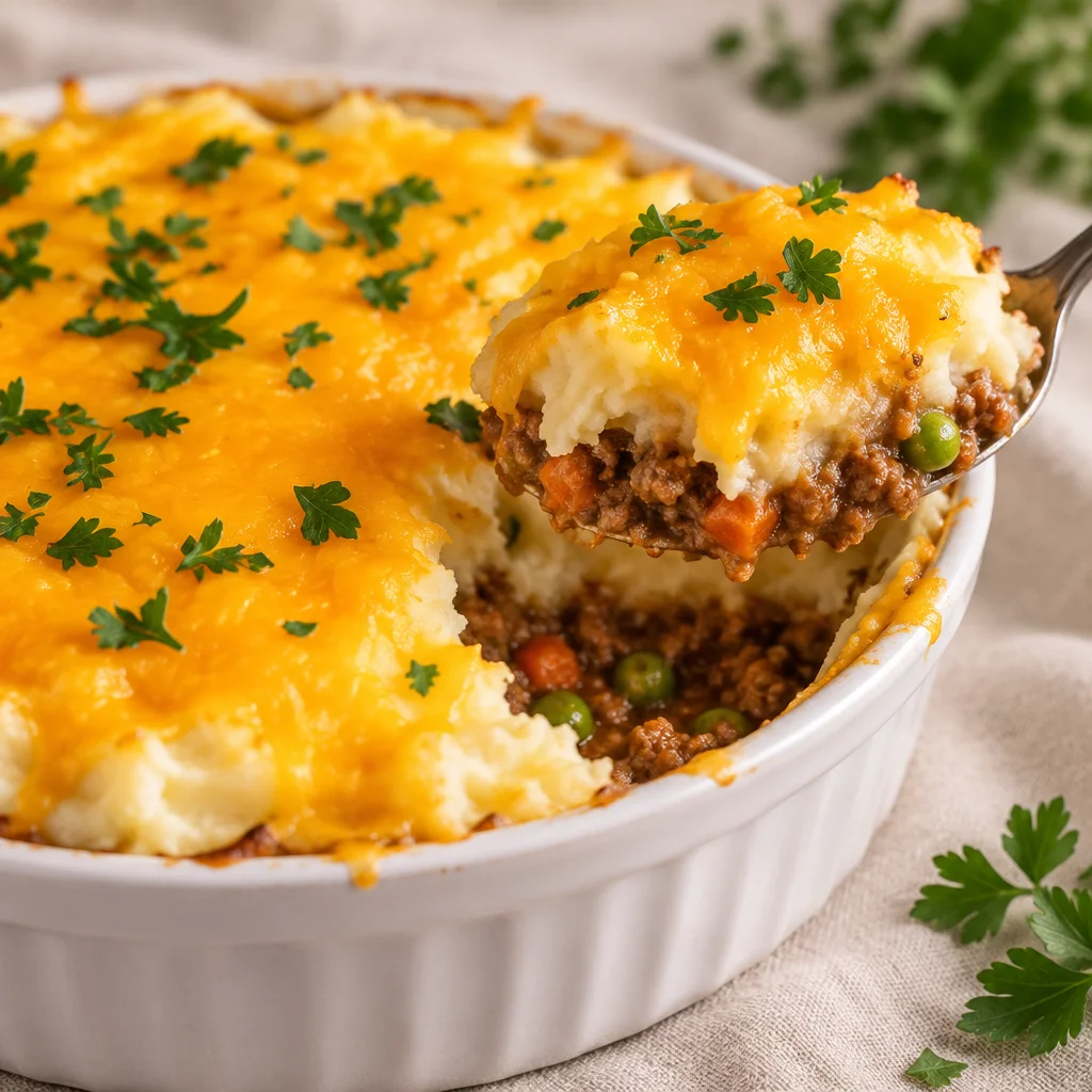 Classic shepherd's pie with ground beef, topped with creamy mashed potatoes, ready to serve.