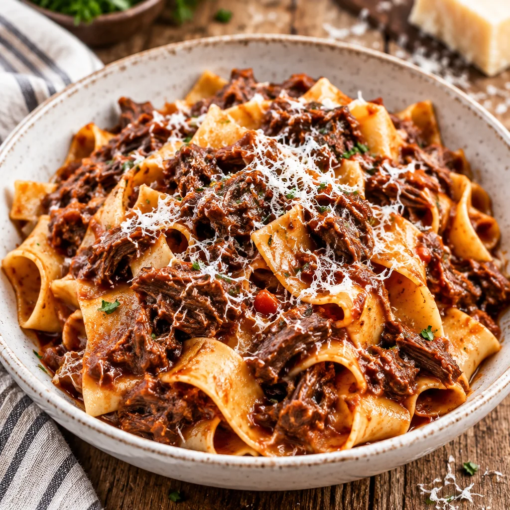 Delicious short rib ragu served over pappardelle pasta, featuring tender beef and rich sauce.