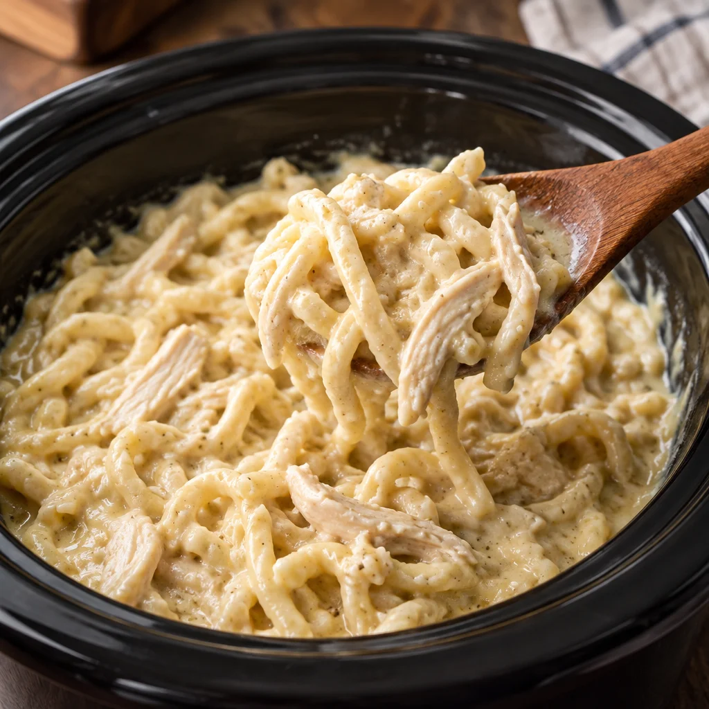 Comforting slow cooker chicken and noodles with creamy sauce and egg noodles