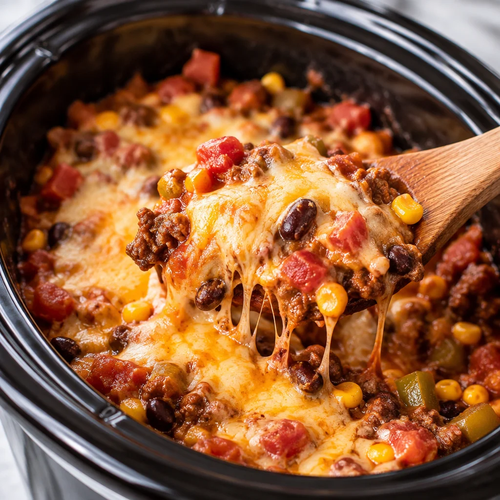 Slow Cooker Cowboy Casserole with ground beef, potatoes, and cheese in a crockpot.