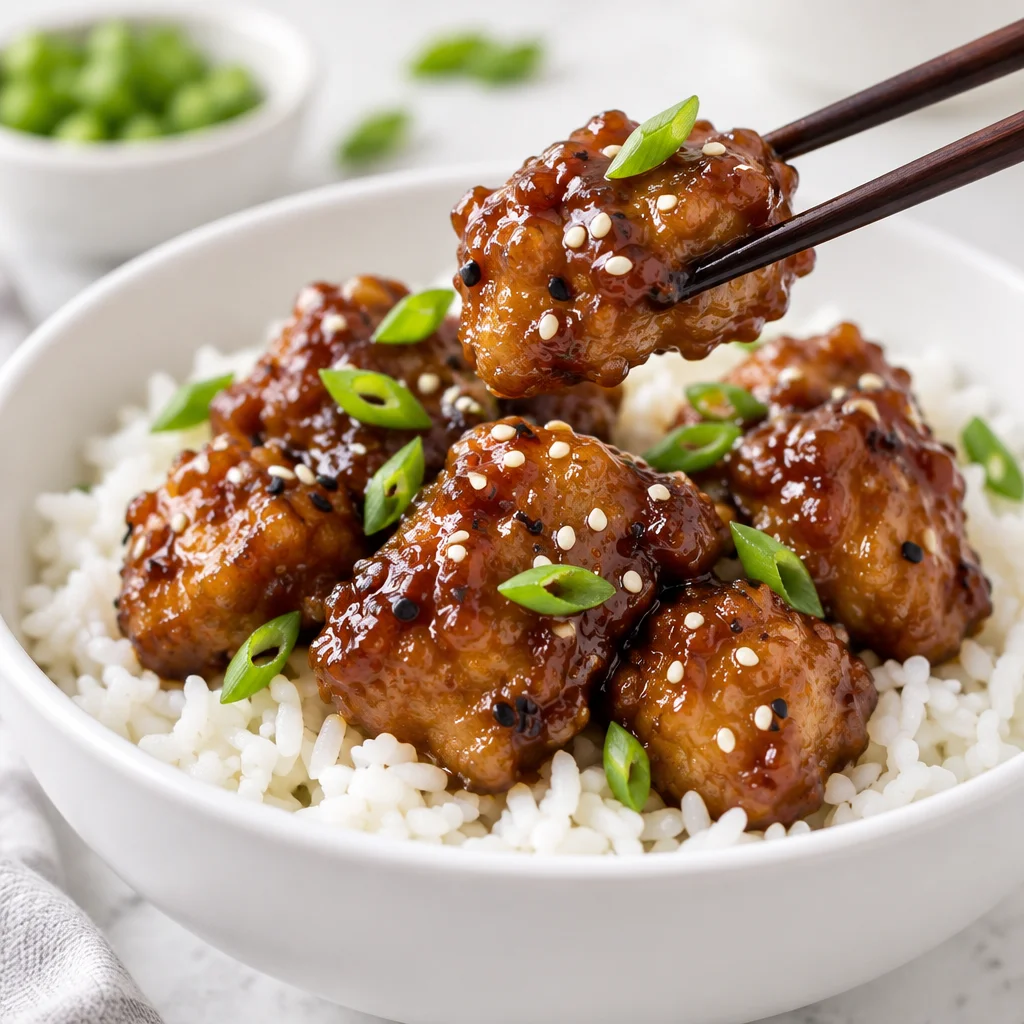 Delicious Slow Cooker General Tso Chicken served over rice with a sweet and savory sauce.