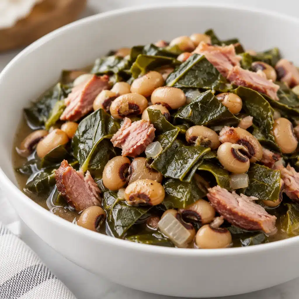 Delicious black eyed peas and collard greens dish, a Southern New Year's tradition.