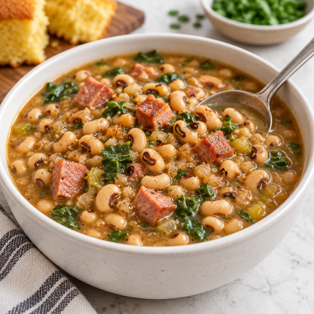 Delicious Southern Black Eyed Peas simmered with smoky ham and rich spices.