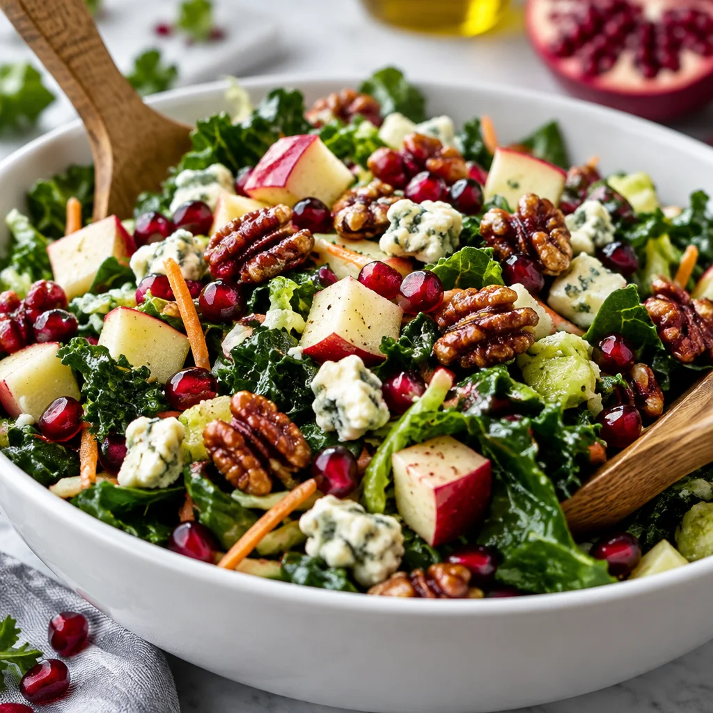 A delicious winter salad featuring kale, apples, pecans, and a maple mustard vinaigrette.